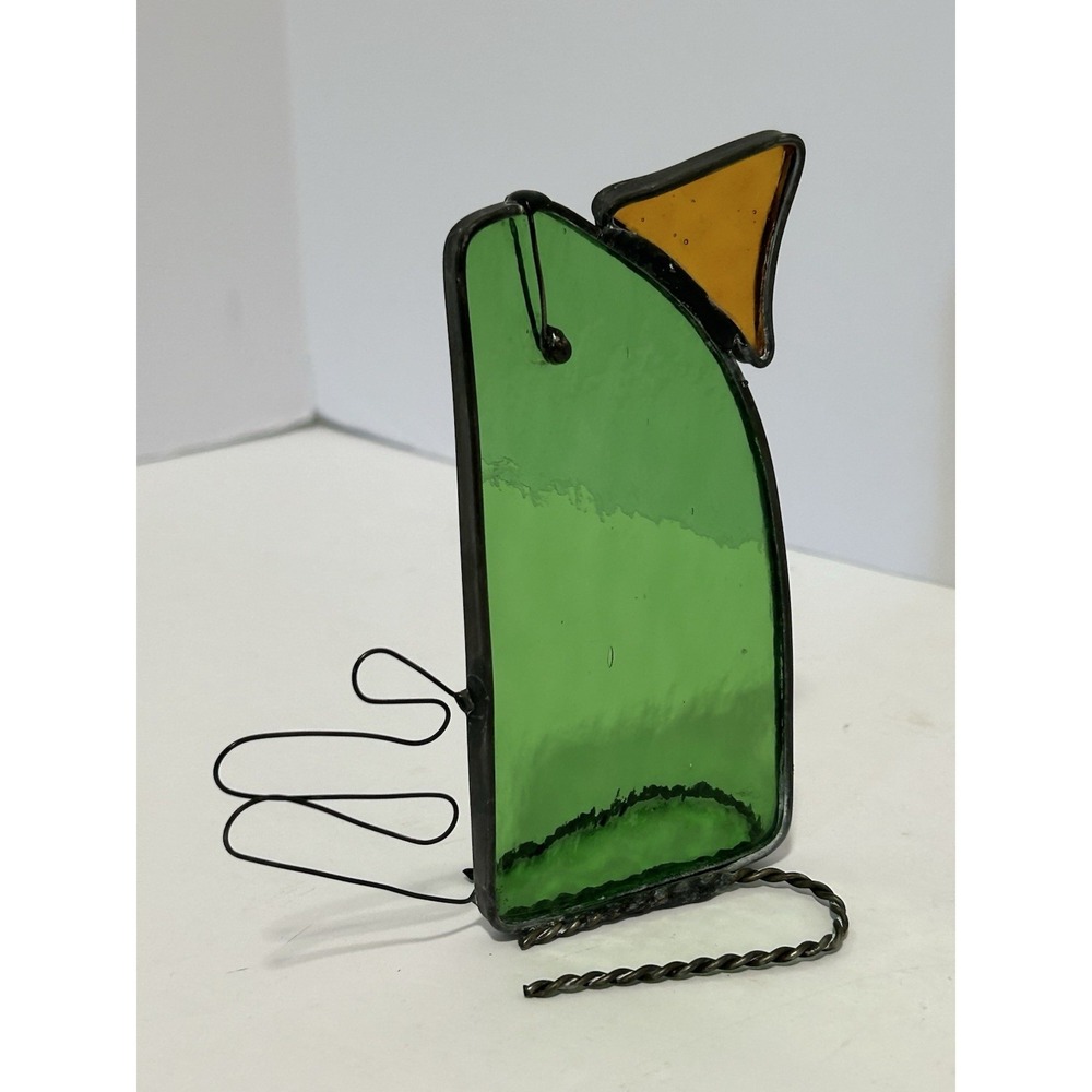 Vintage Stained Glass Bird Sun Catcher Green W/ Orange Beak Shelf Sitter